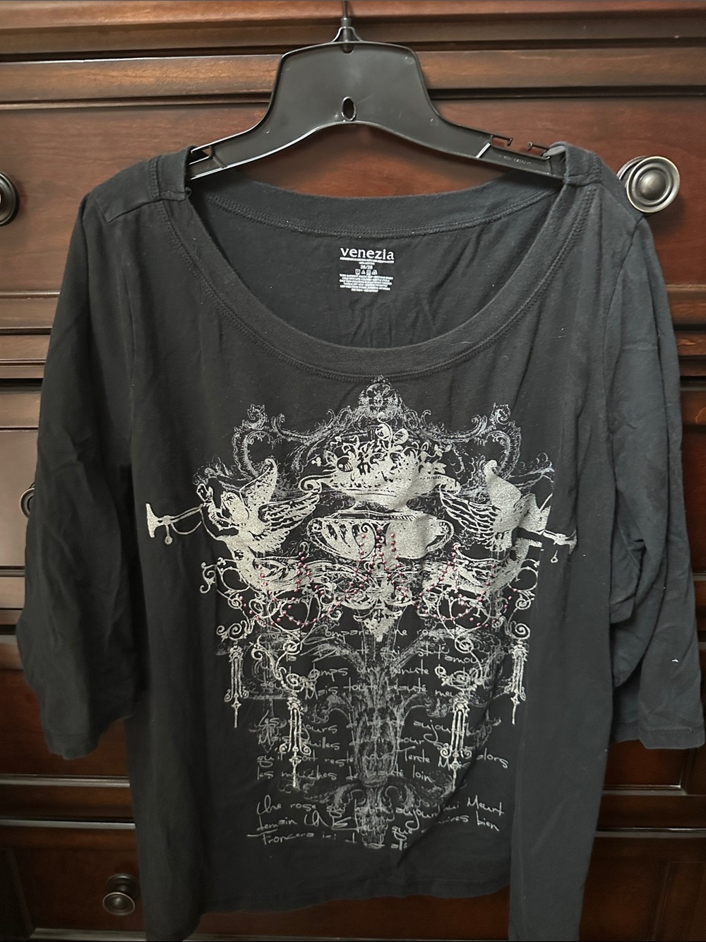 Venezia Black Long Sleeve Scoop Neck Top with Silver Ornate Graphic